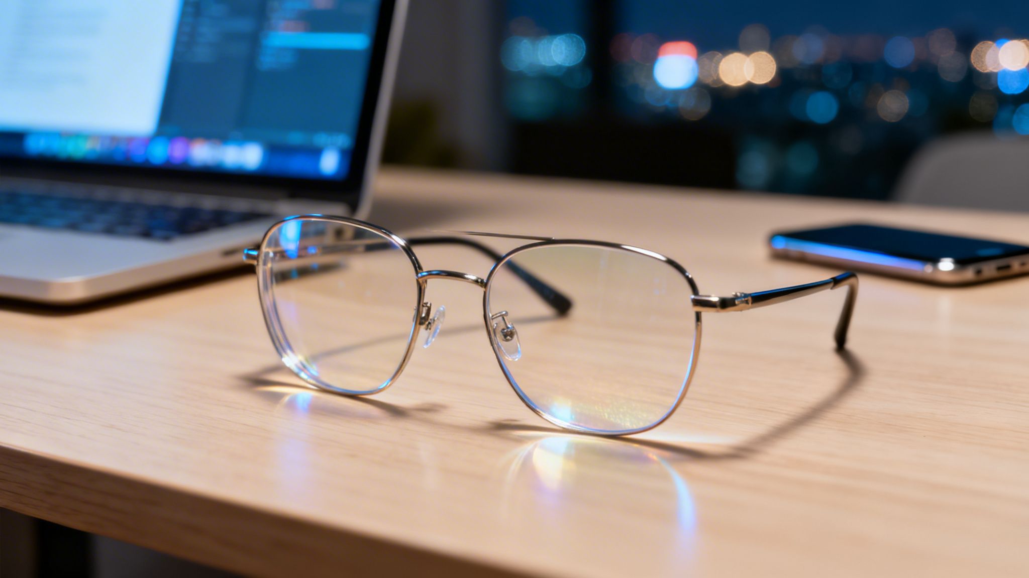 a close up of classy, clear-lens glasses on a wood table