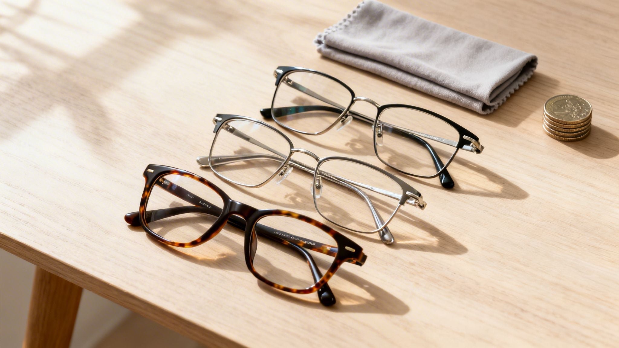 three pairs of glasses on a wooden table
