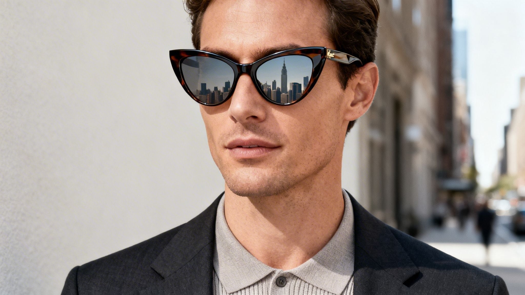 a man wearing cat eye glasses