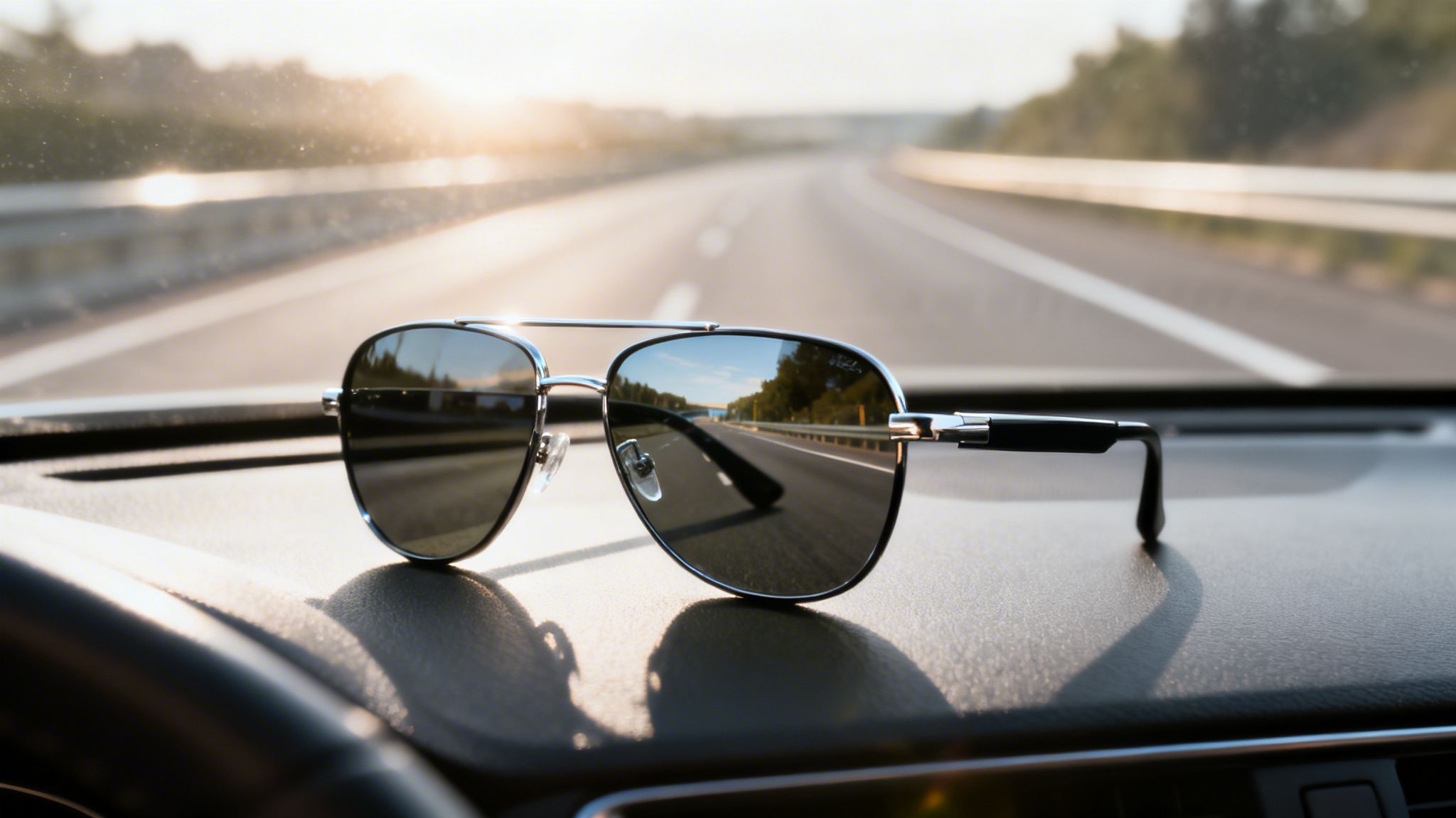 a close up of sunglasses on a car dashboard with a road in the background