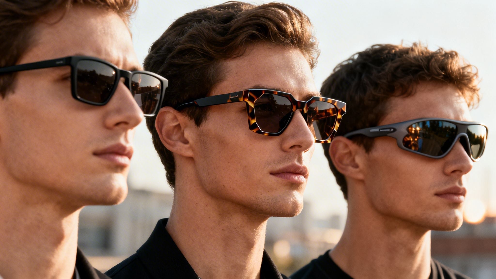 three men wearing varying sunglasses lined up