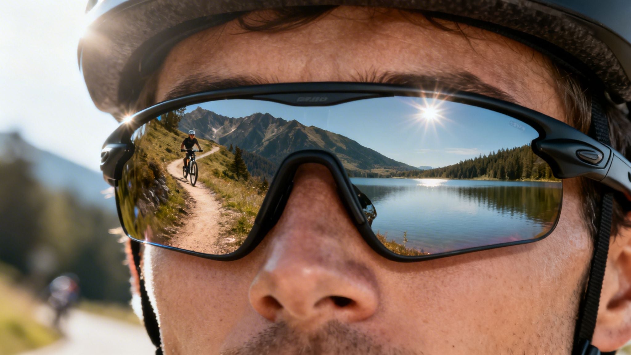 a close-up of a man wearing reflective sporty sunglasses