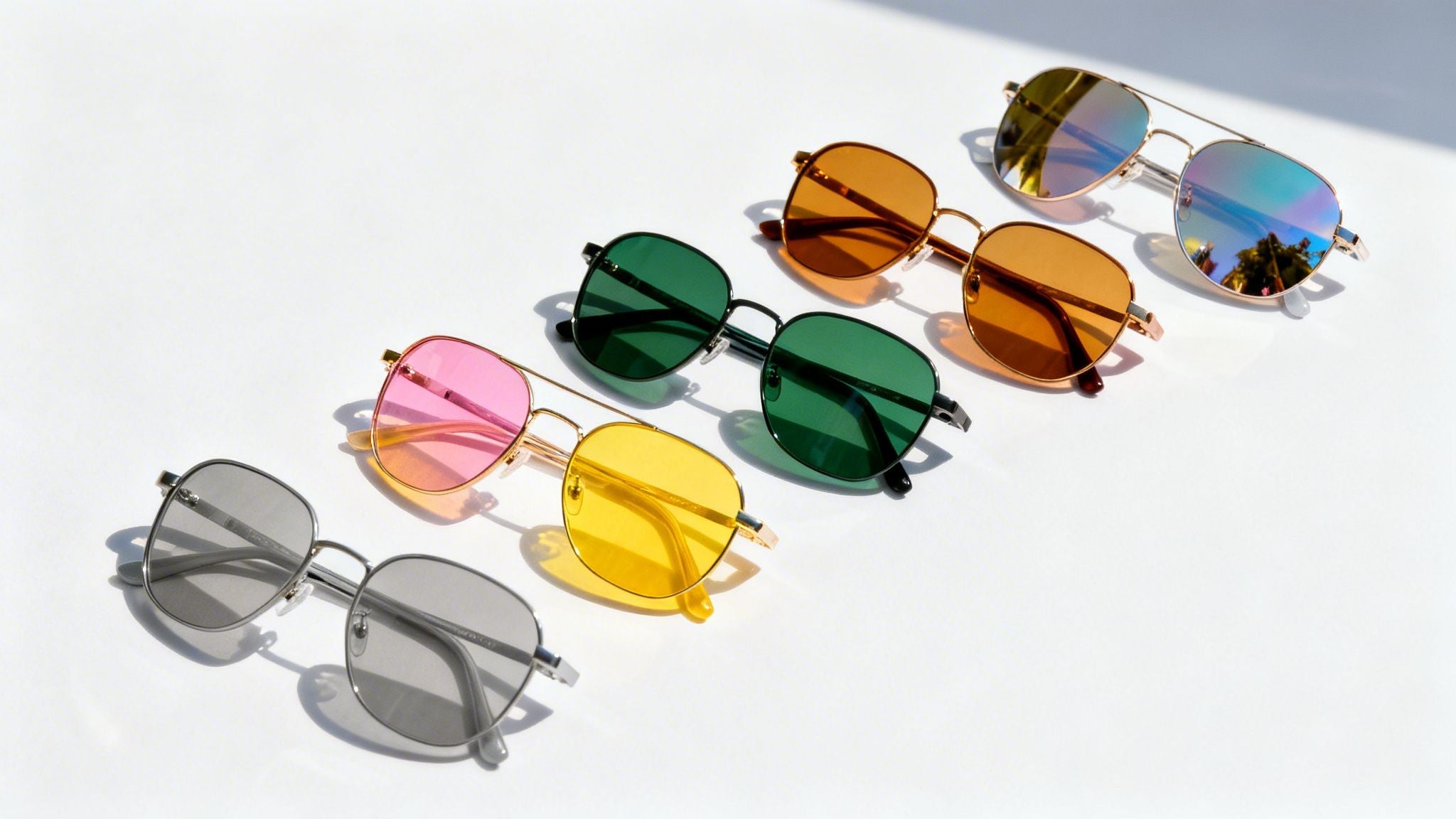 multiple pairs of colorful sunglasses on a white table