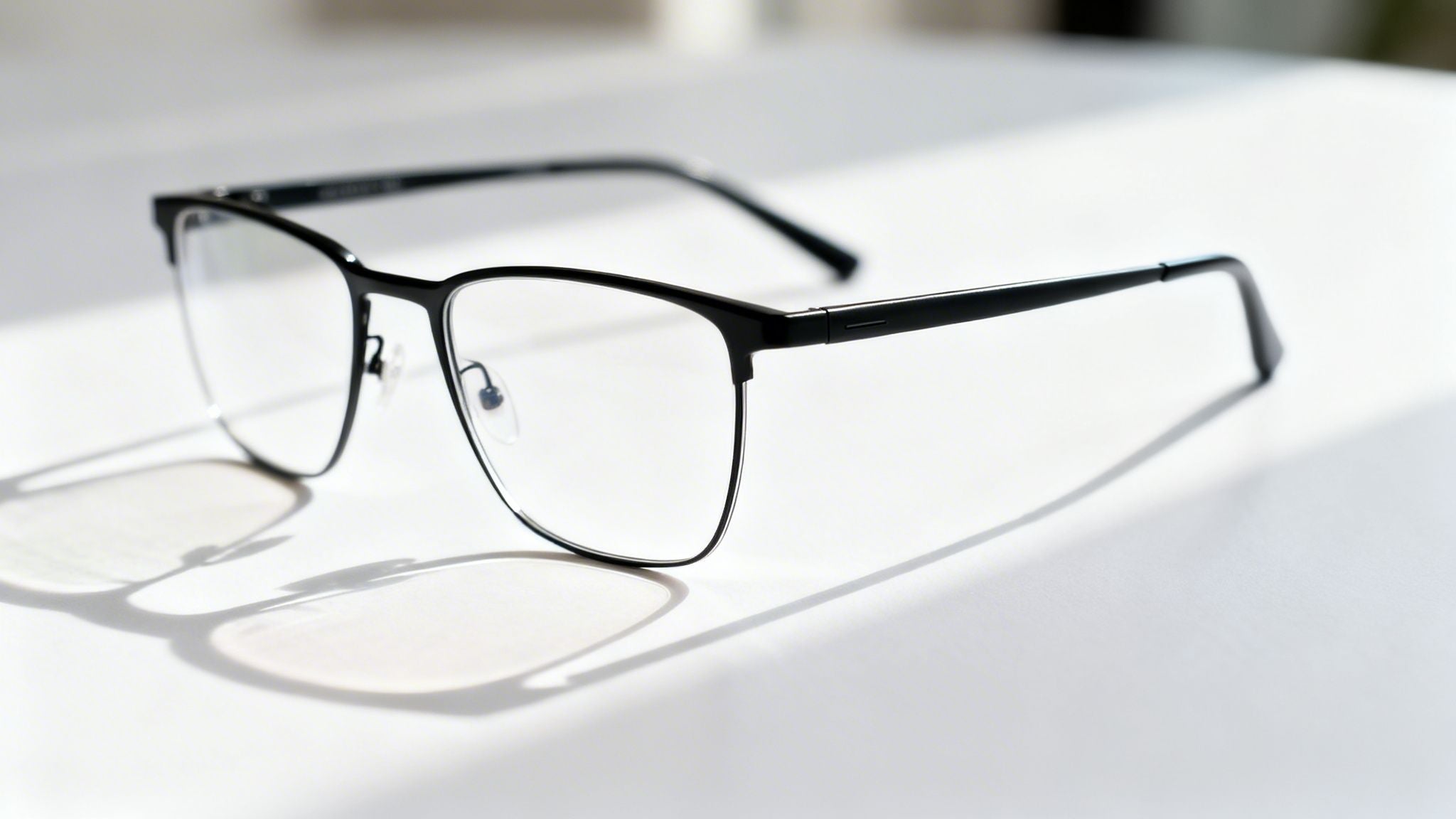 clear lens glasses sitting on a table