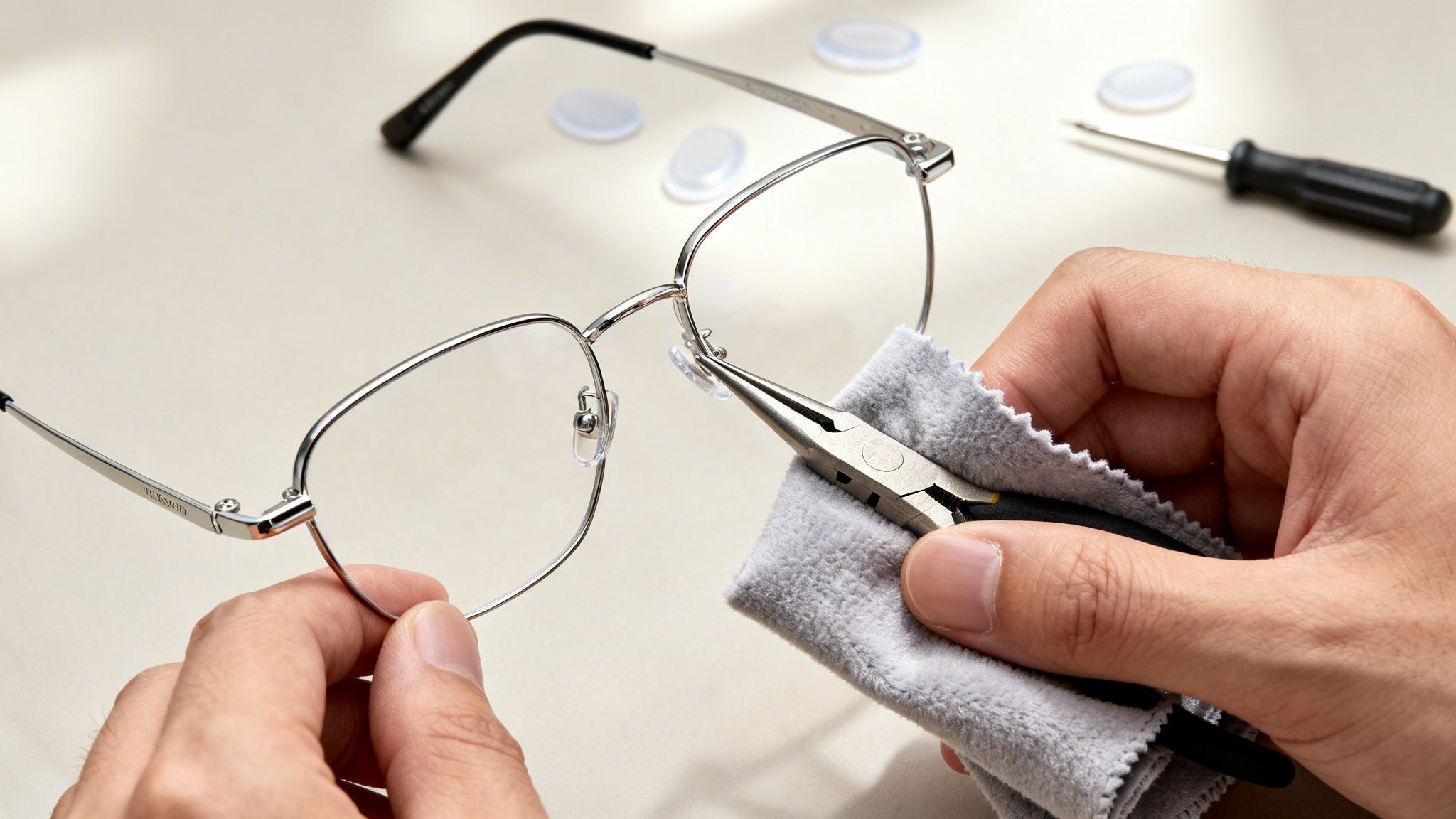a hand adjusting the nose pads of clear lens glasses