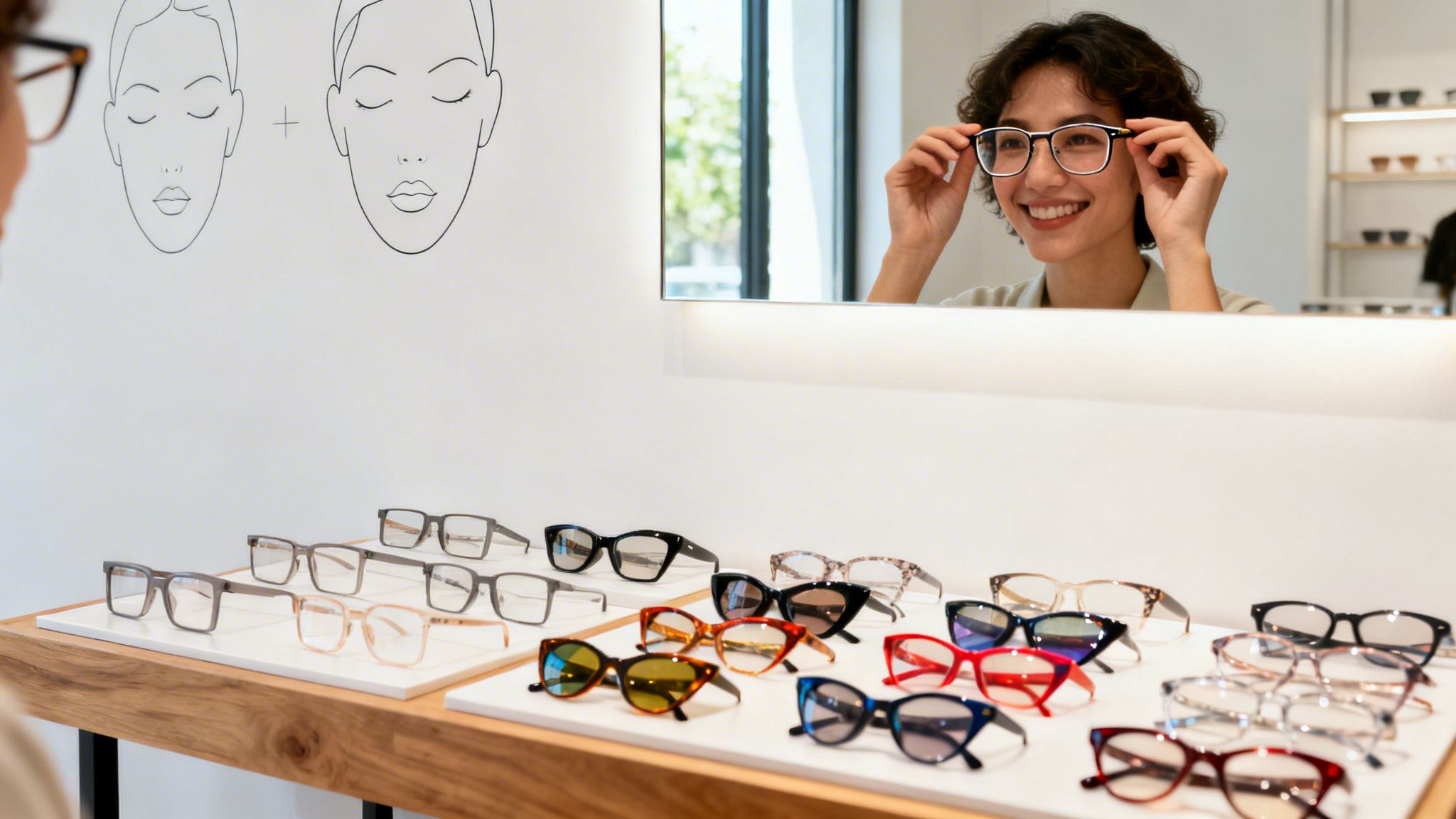 a woman trying on glasses in front of a mirror