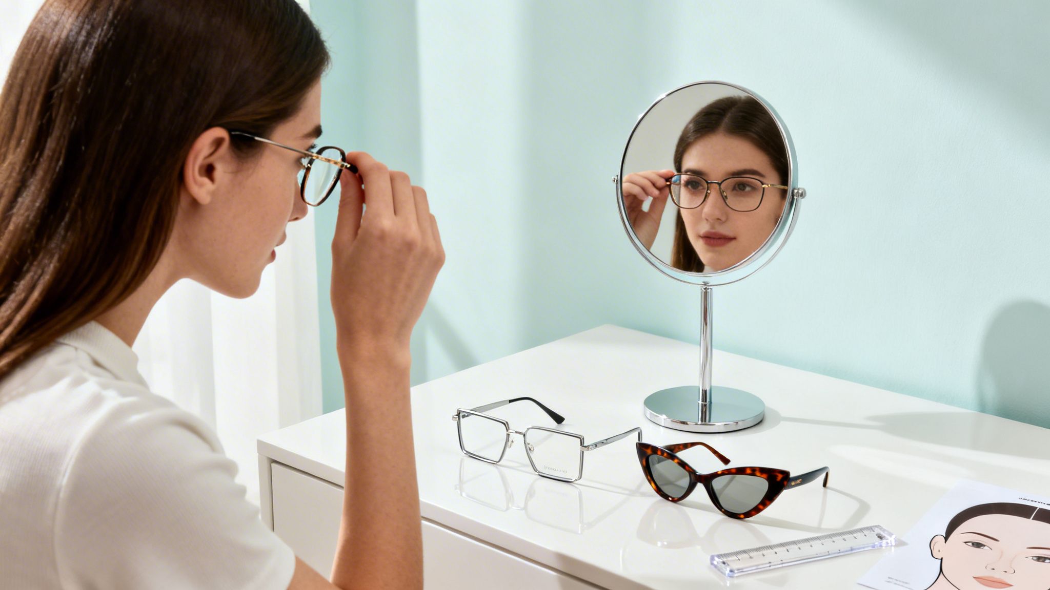 a woman trying on glasses in front of a makeup mirror