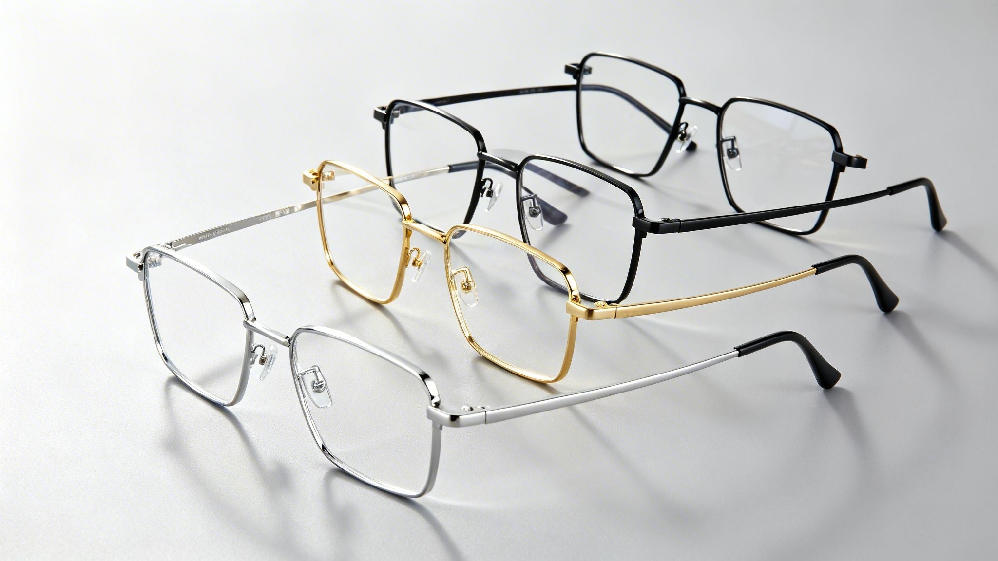 multiple metal eyeglass frames lined up next to eachother