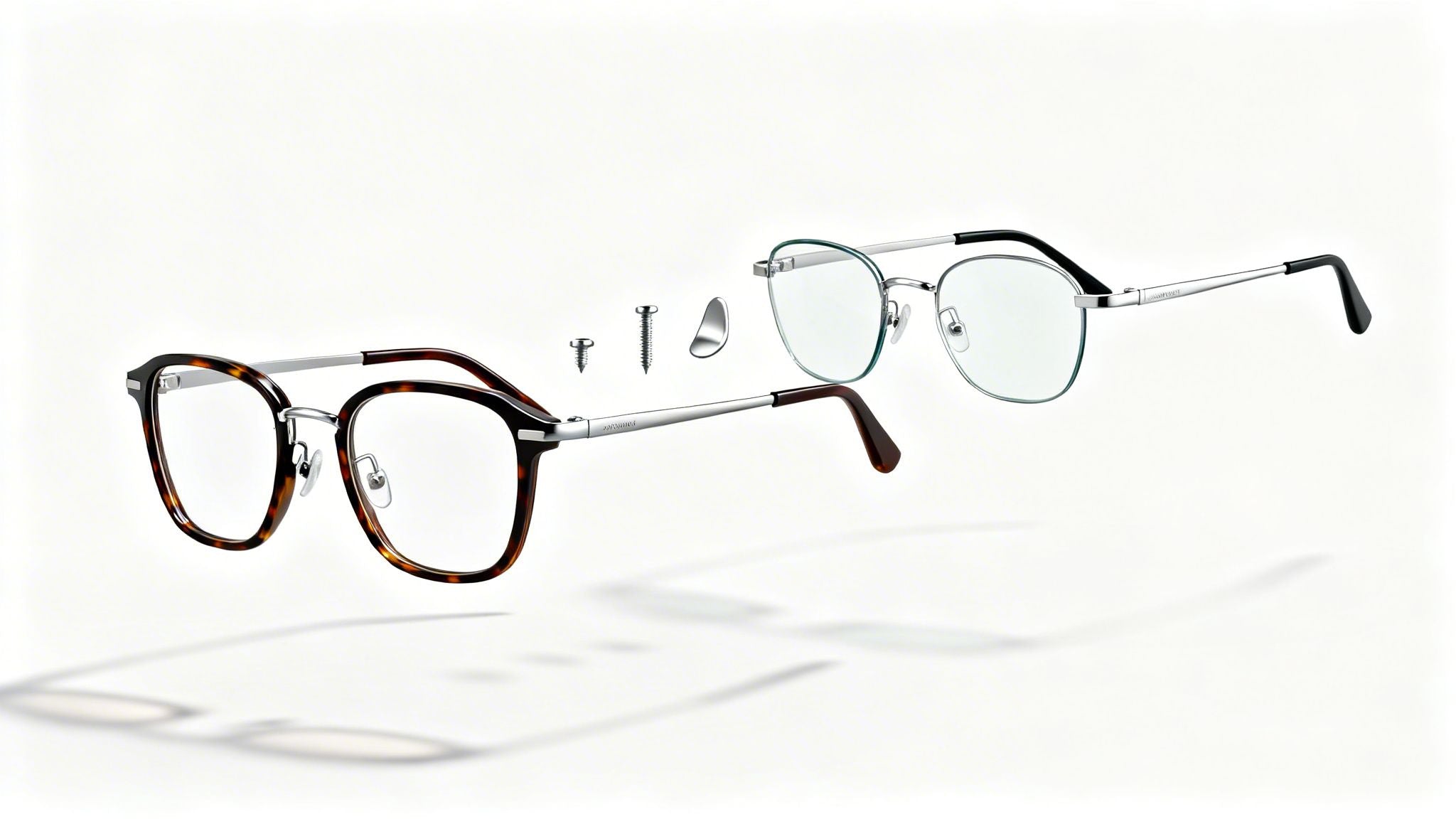 two pairs of glasses in a white light-box with parts floating around them