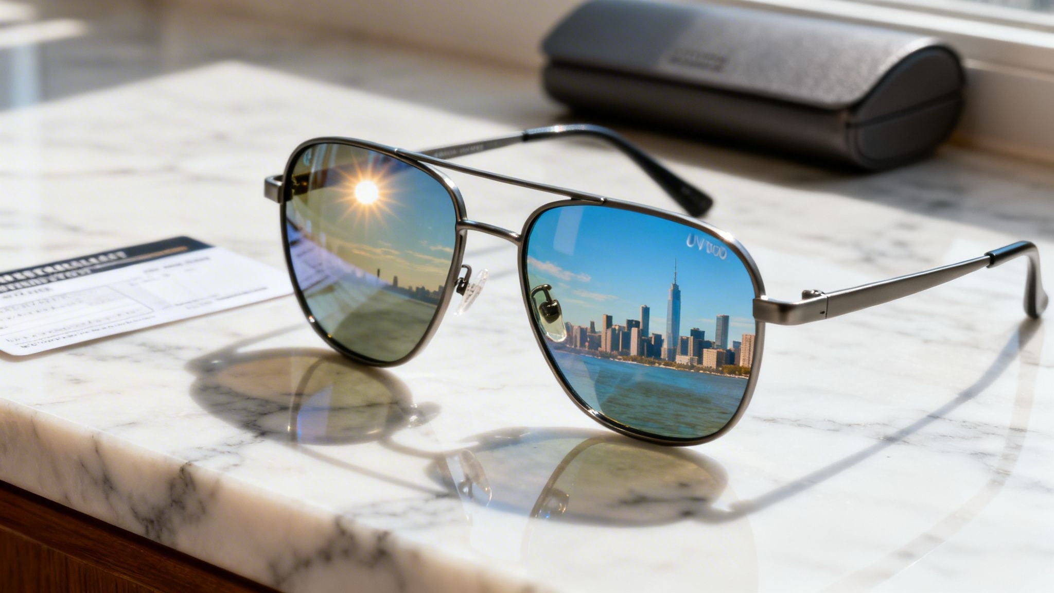 reflective sunglasses sitting on a counter