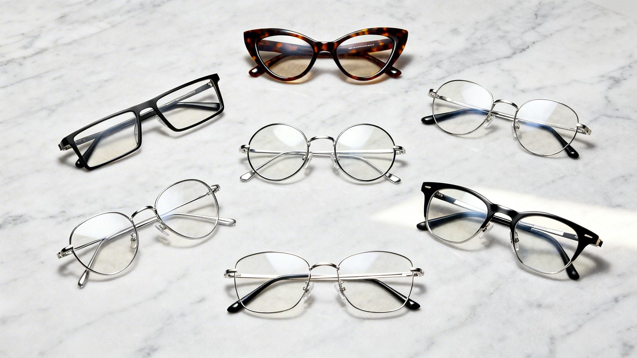 varying glasses on a marble tabletop