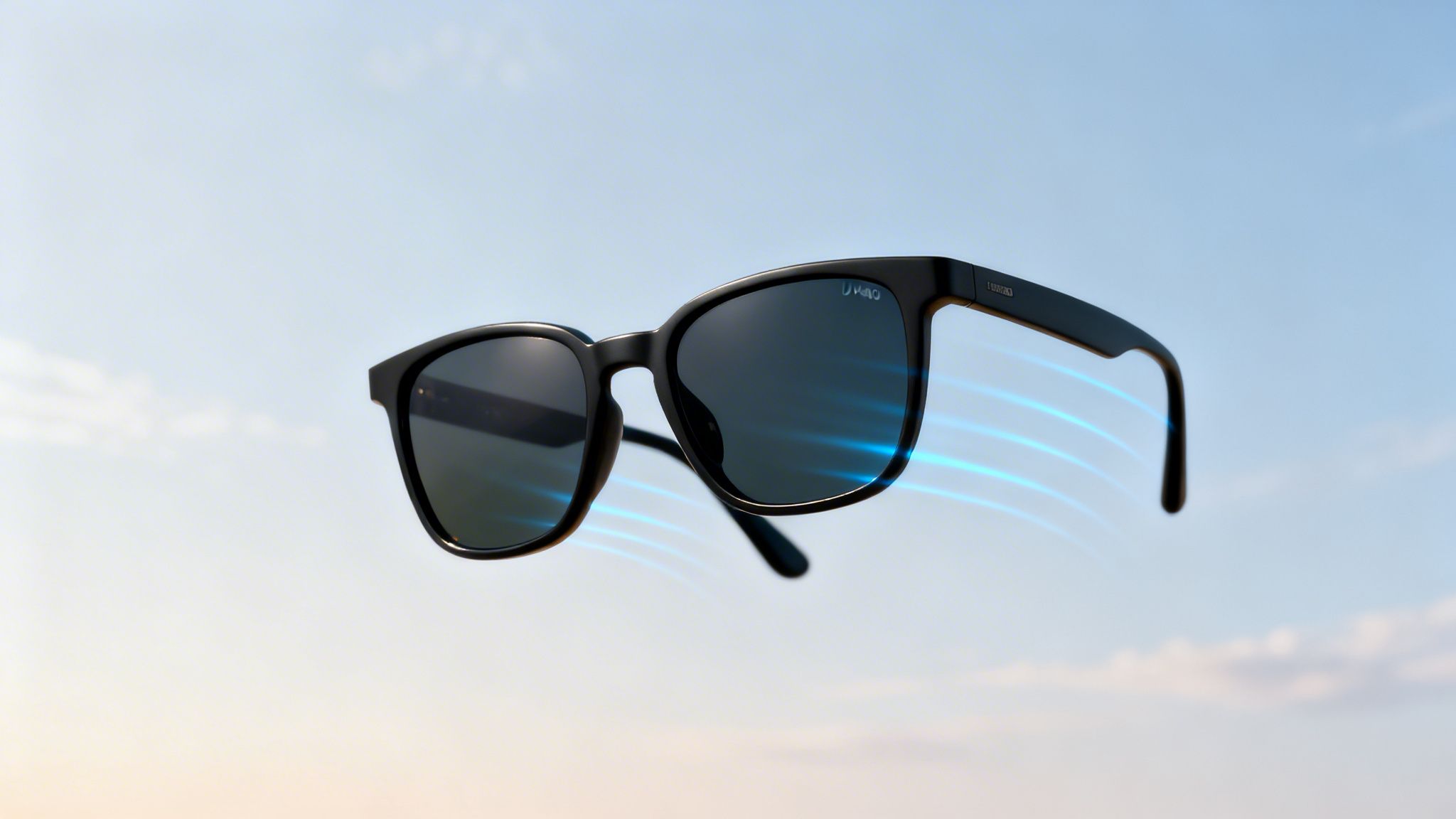 a pair of dark sunglasses flying through the sky