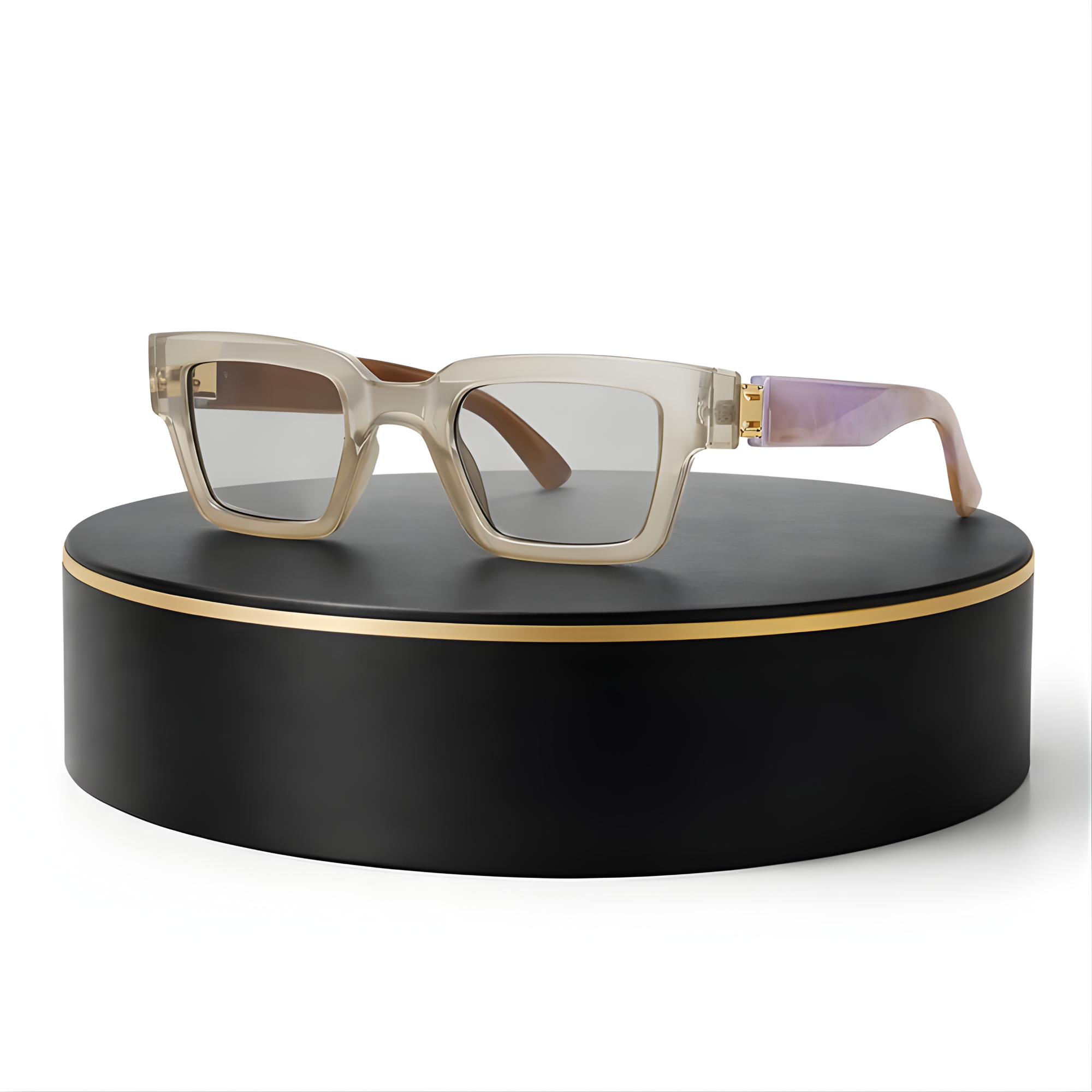 Sunglasses on a black round stand with gold trim
