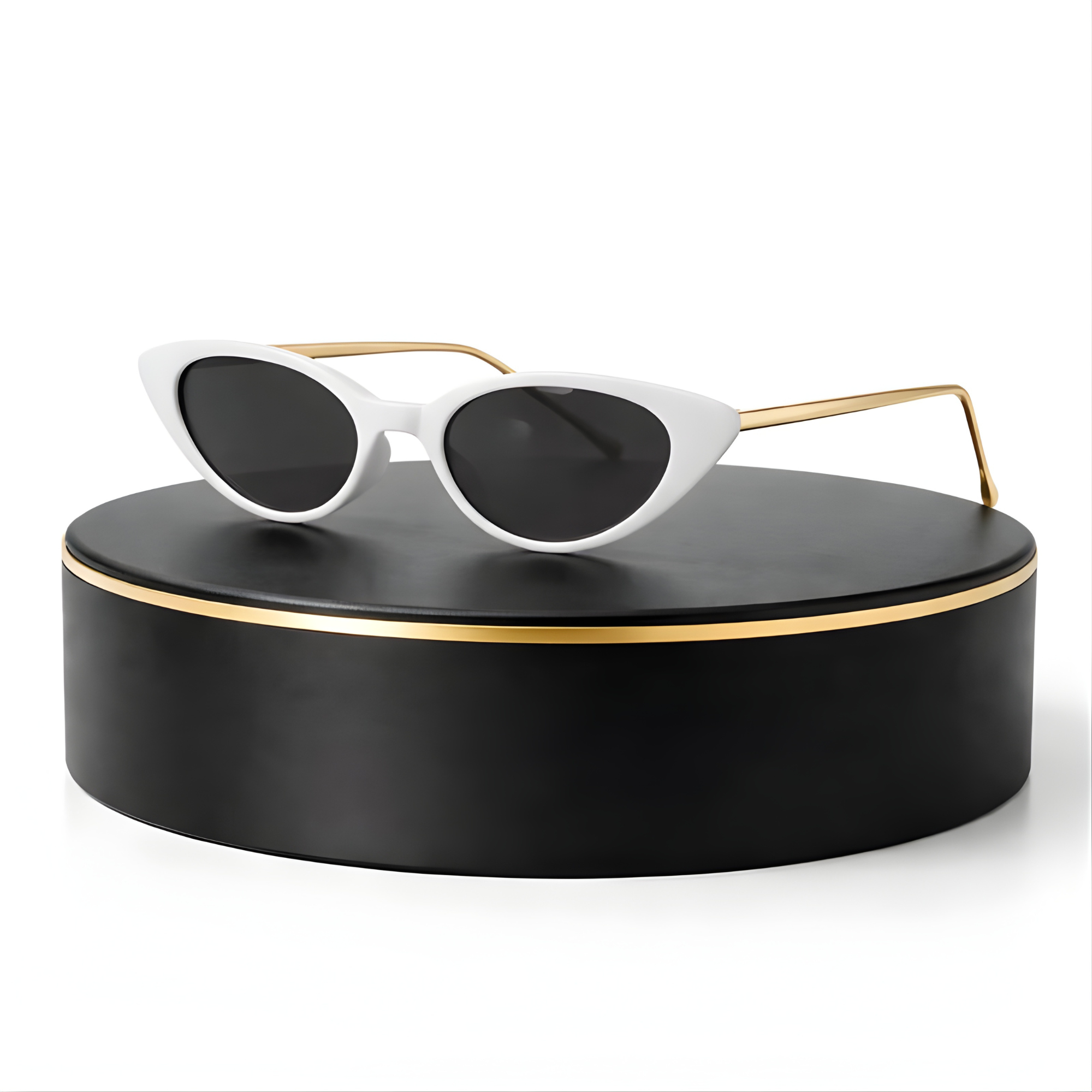 White sunglasses with gold frames on a black round stand