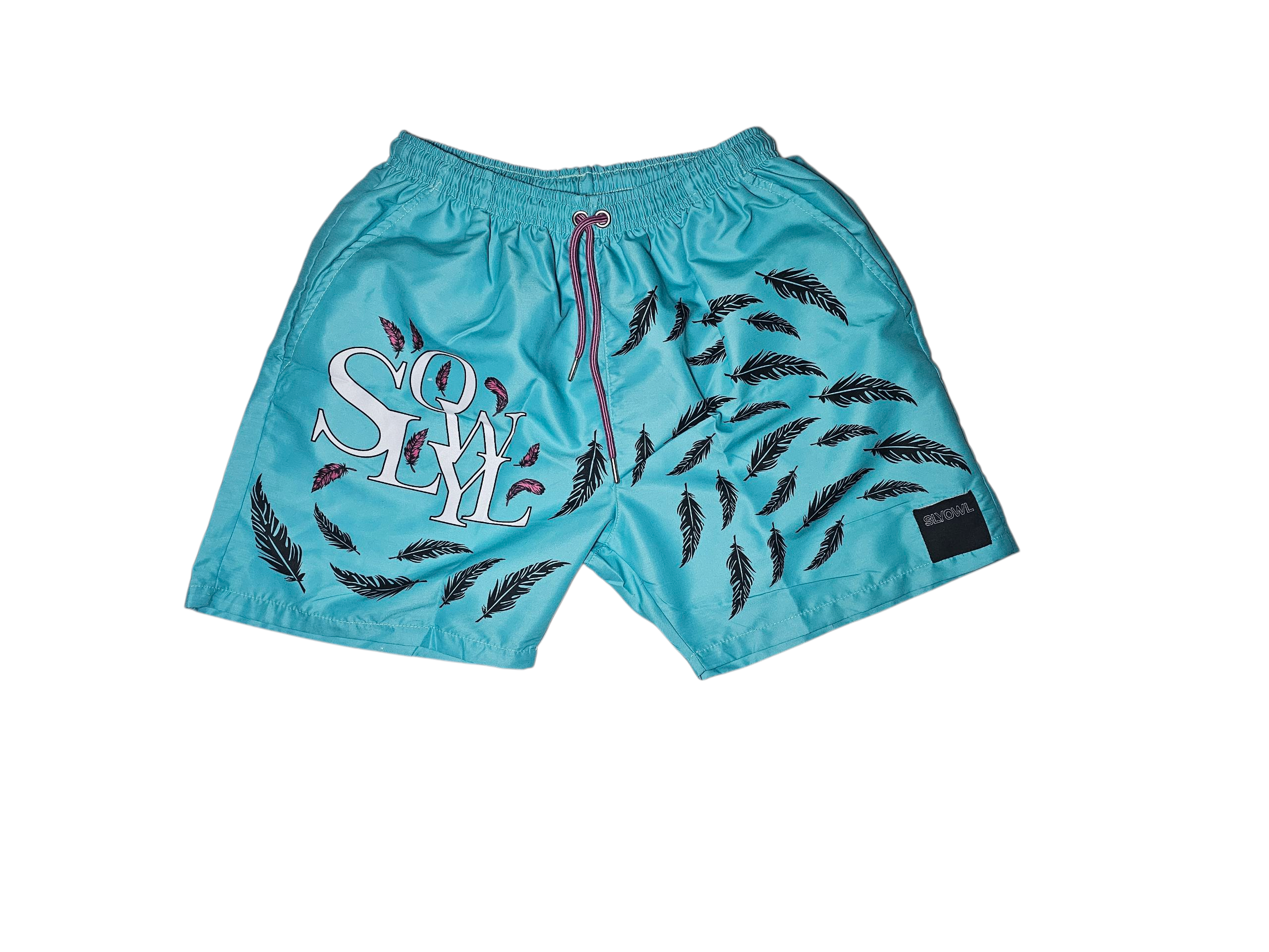 blue shorts with feather pattern and 'SLYOWL' text on a white background