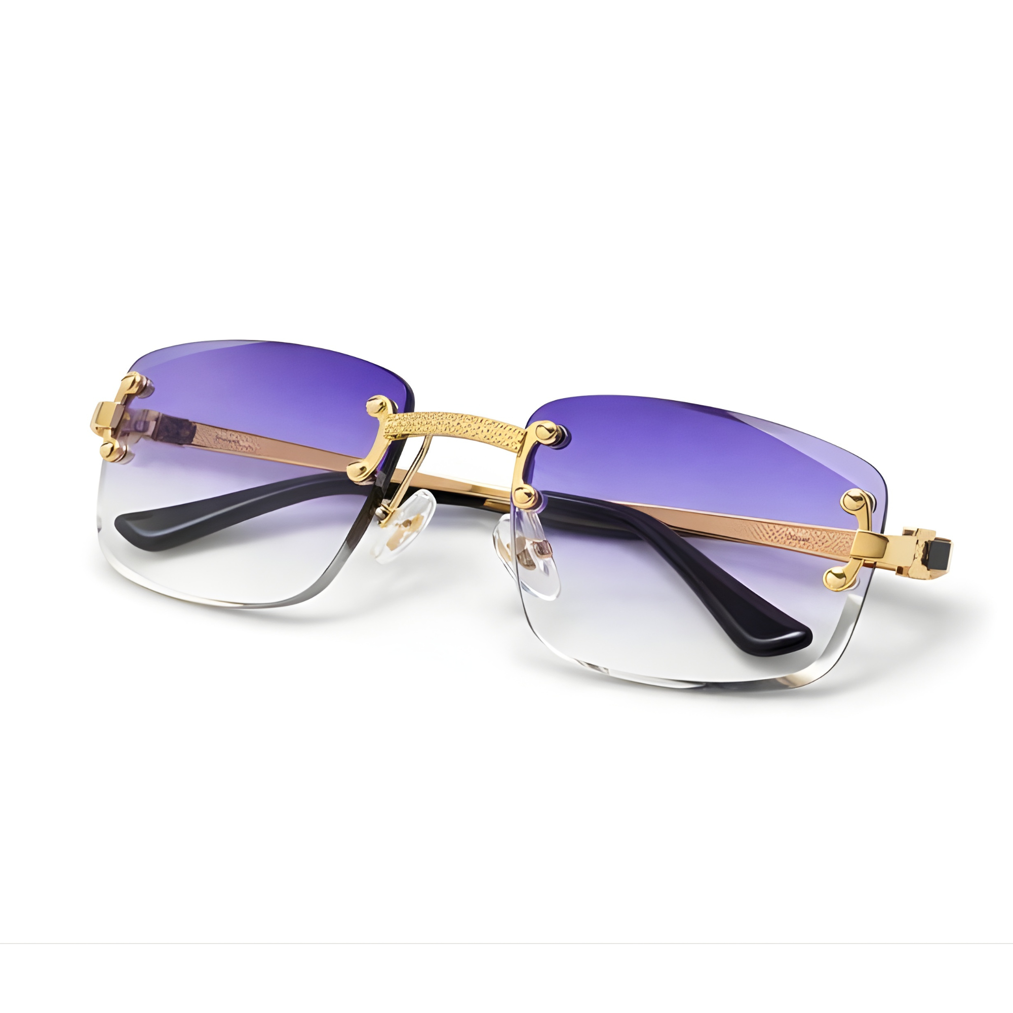 Gold-framed sunglasses with purple lenses on a white background