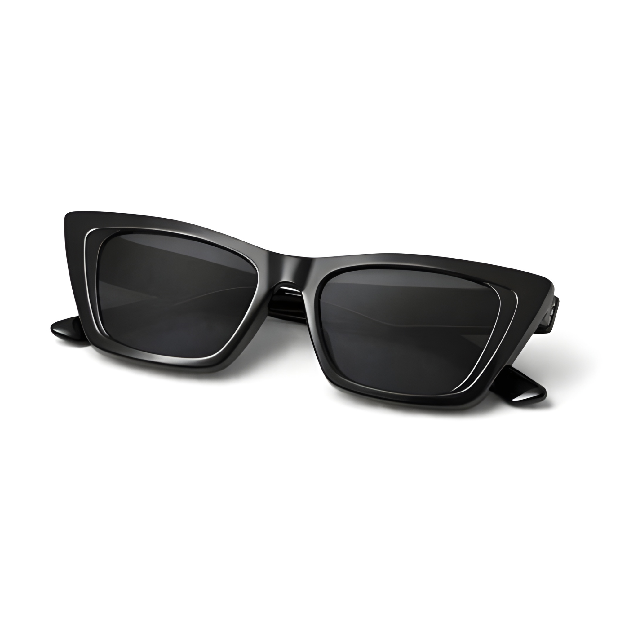 Black sunglasses with a cat-eye design on a white background