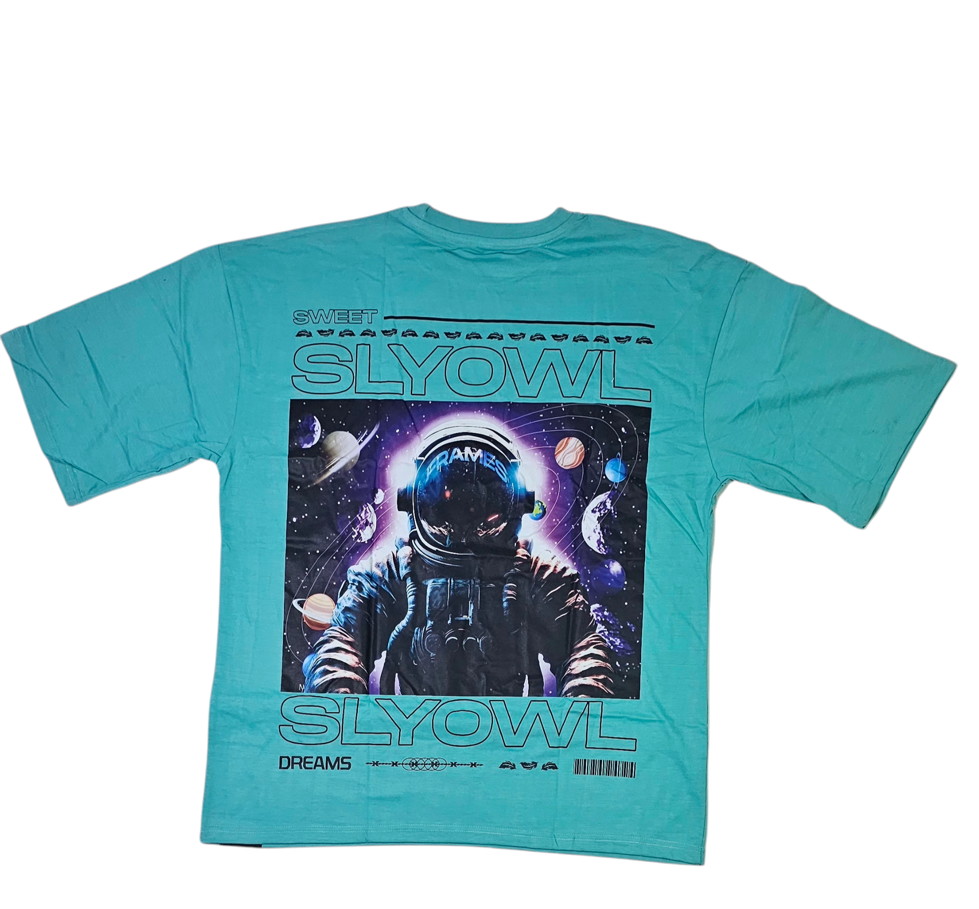 a blue colored t-shirt with a graphic of an astronaut and a galaxy behind them