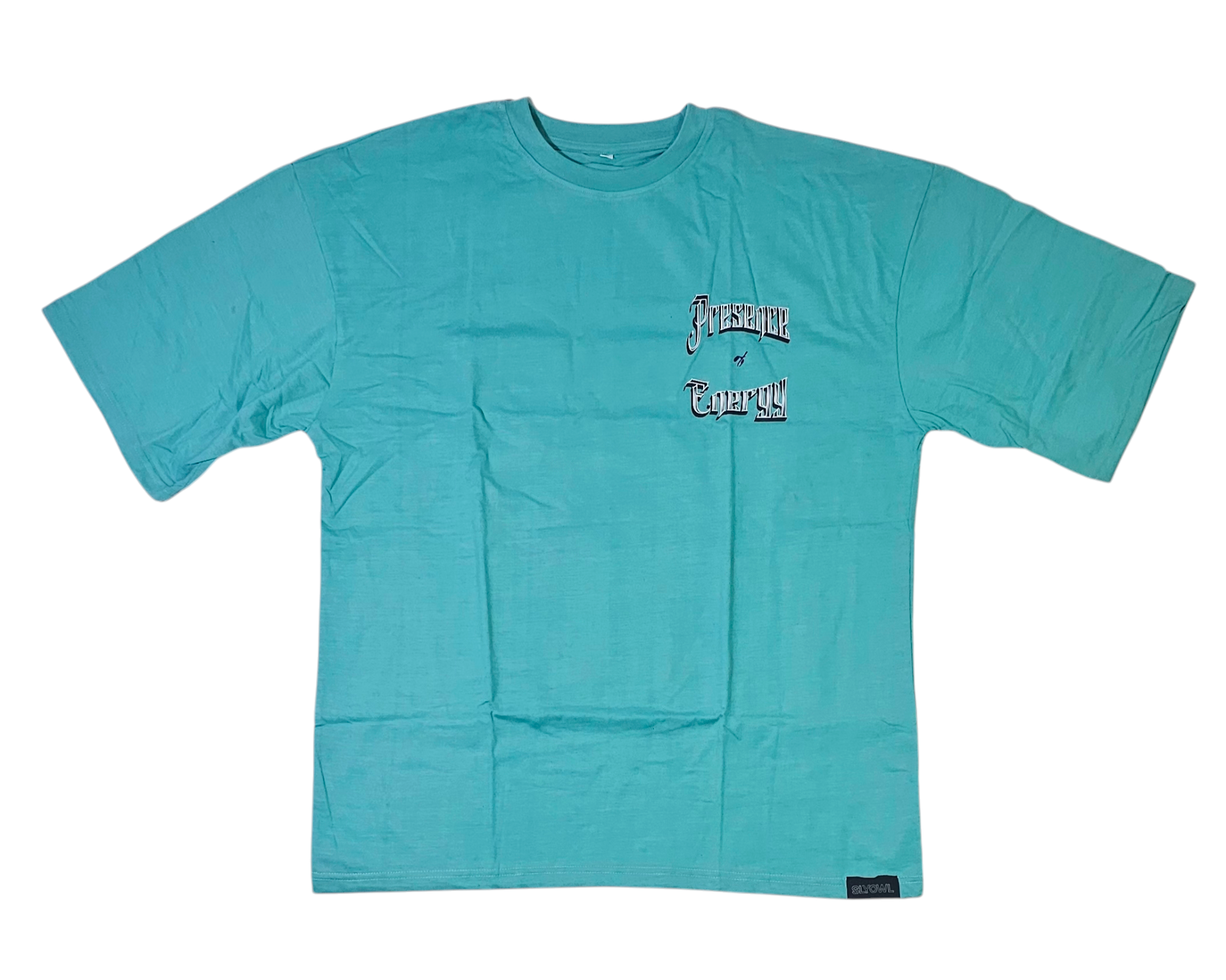 blue t-shirt with a graphic of the text 'presence & energy' on the upper left side.