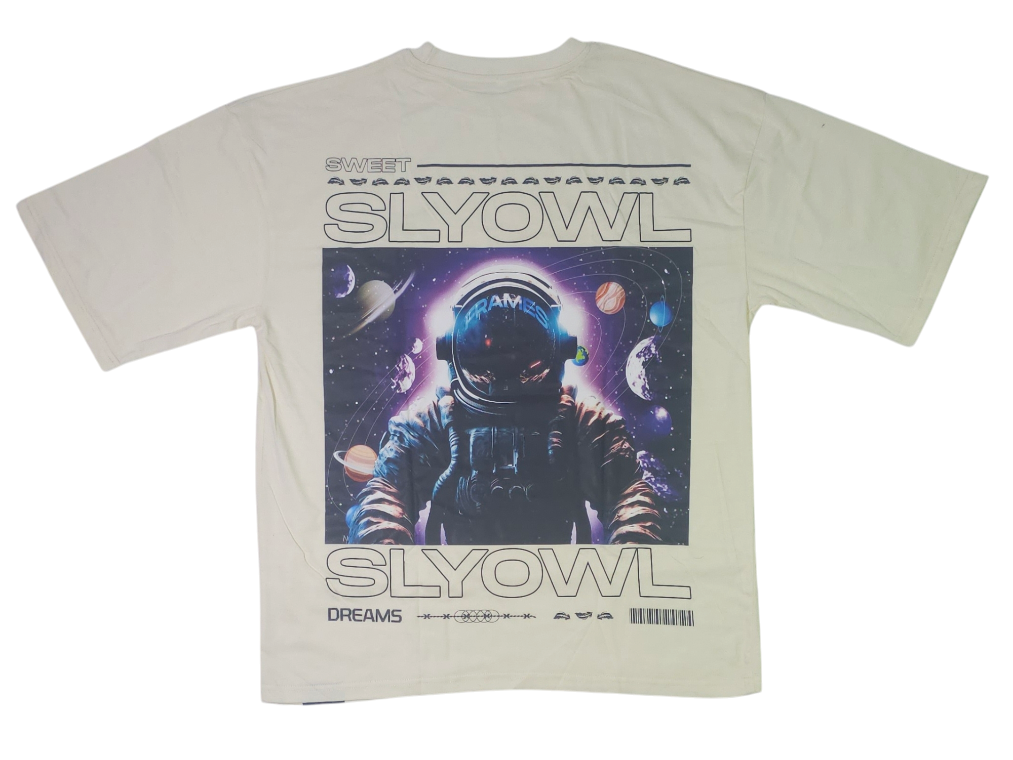 a cream colored t-shirt with a graphic of an astronaut and a galaxy behind them