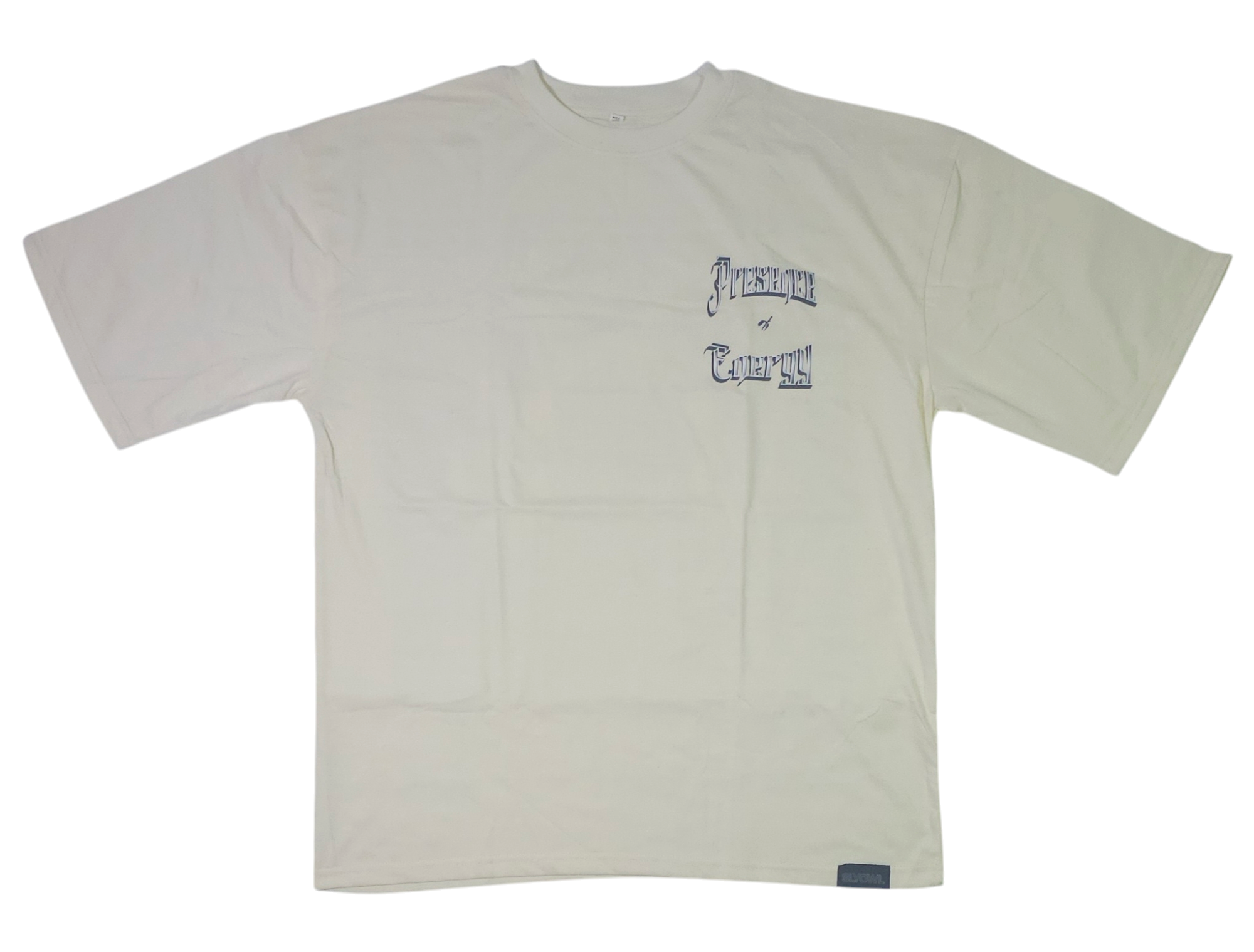Cream t-shirt with a graphic of the text 'presence & energy' on the upper left side.