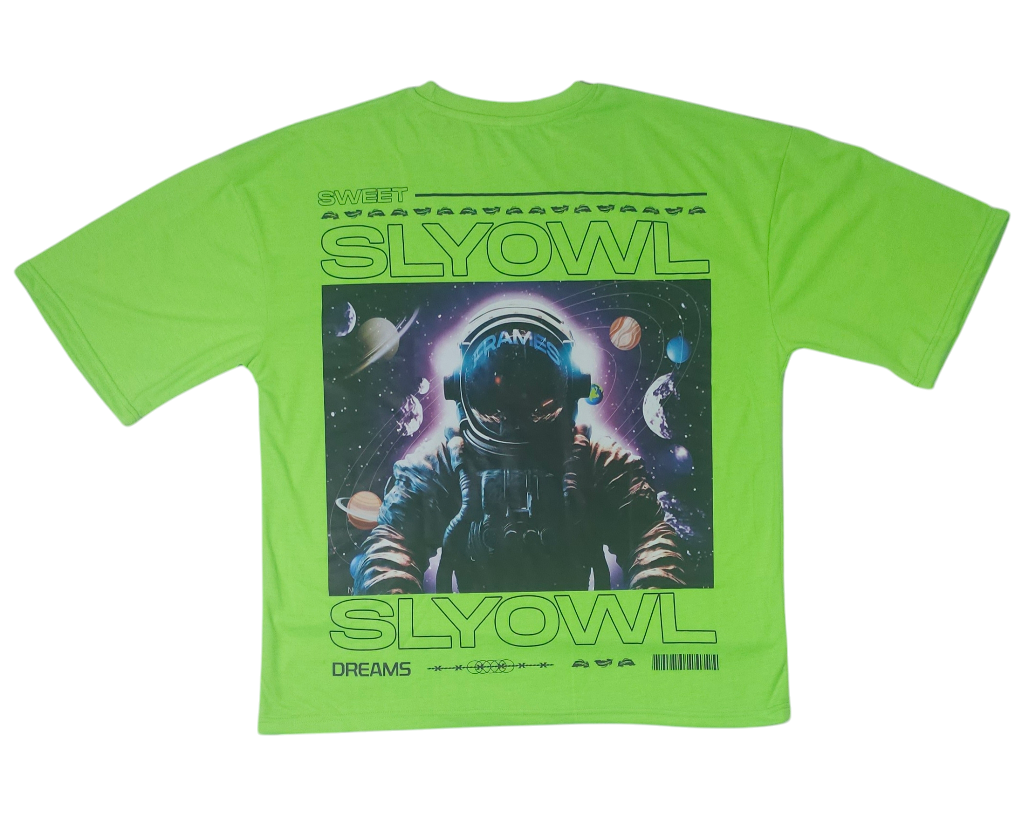 a green colored t-shirt with a graphic of an astronaut and a galaxy behind them