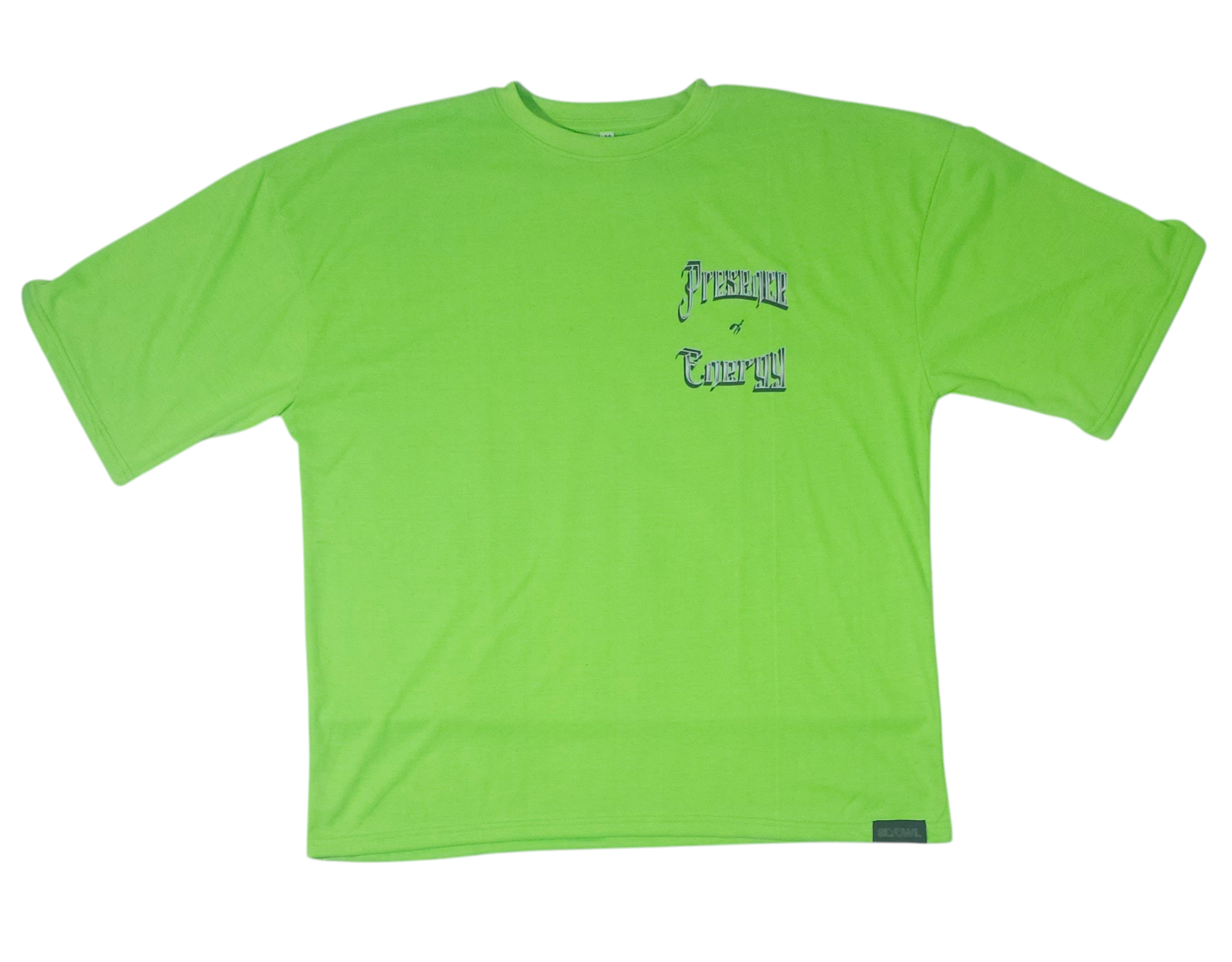 green t-shirt with a graphic of the text 'presence & energy' on the upper left side.