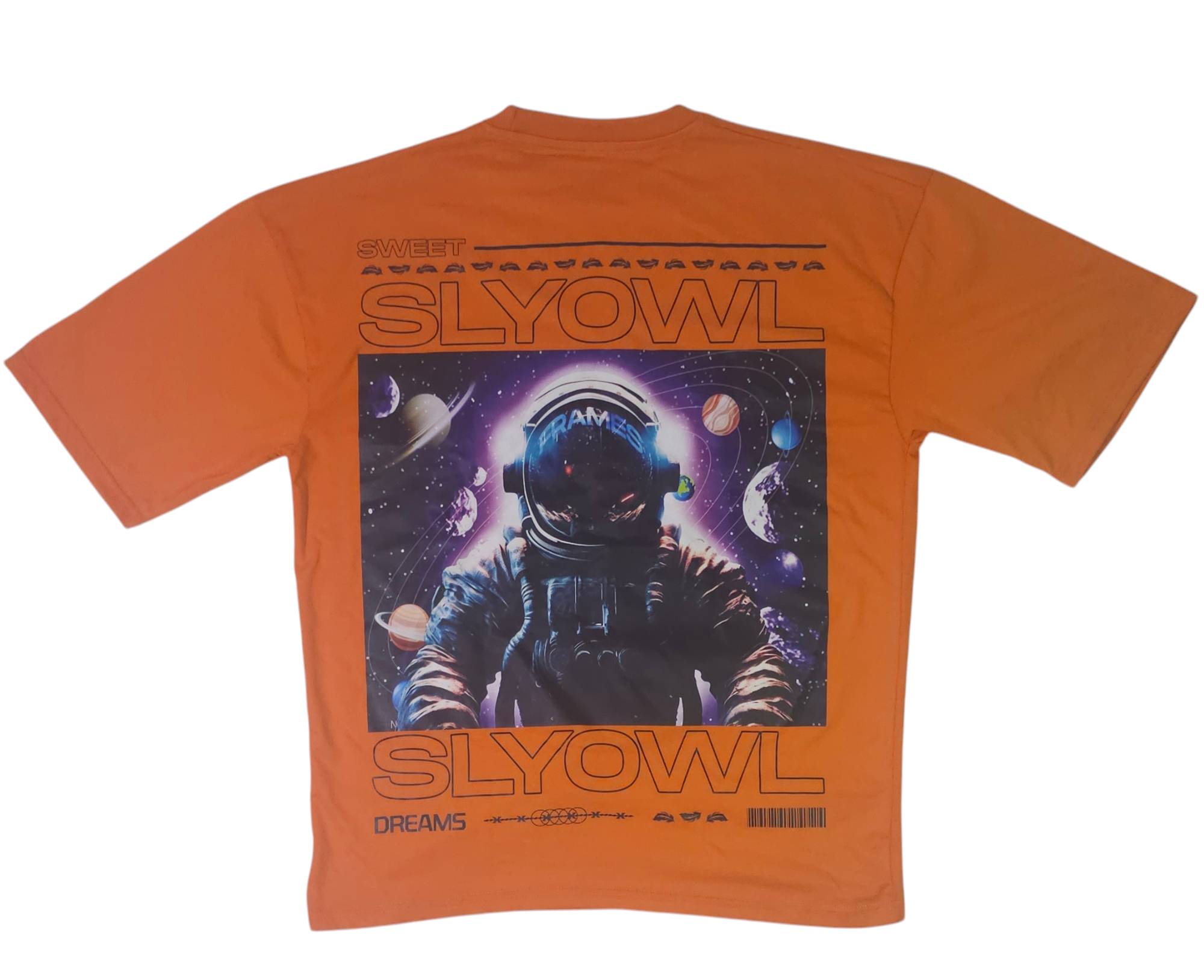 a orange colored t-shirt with a graphic of an astronaut and a galaxy behind them