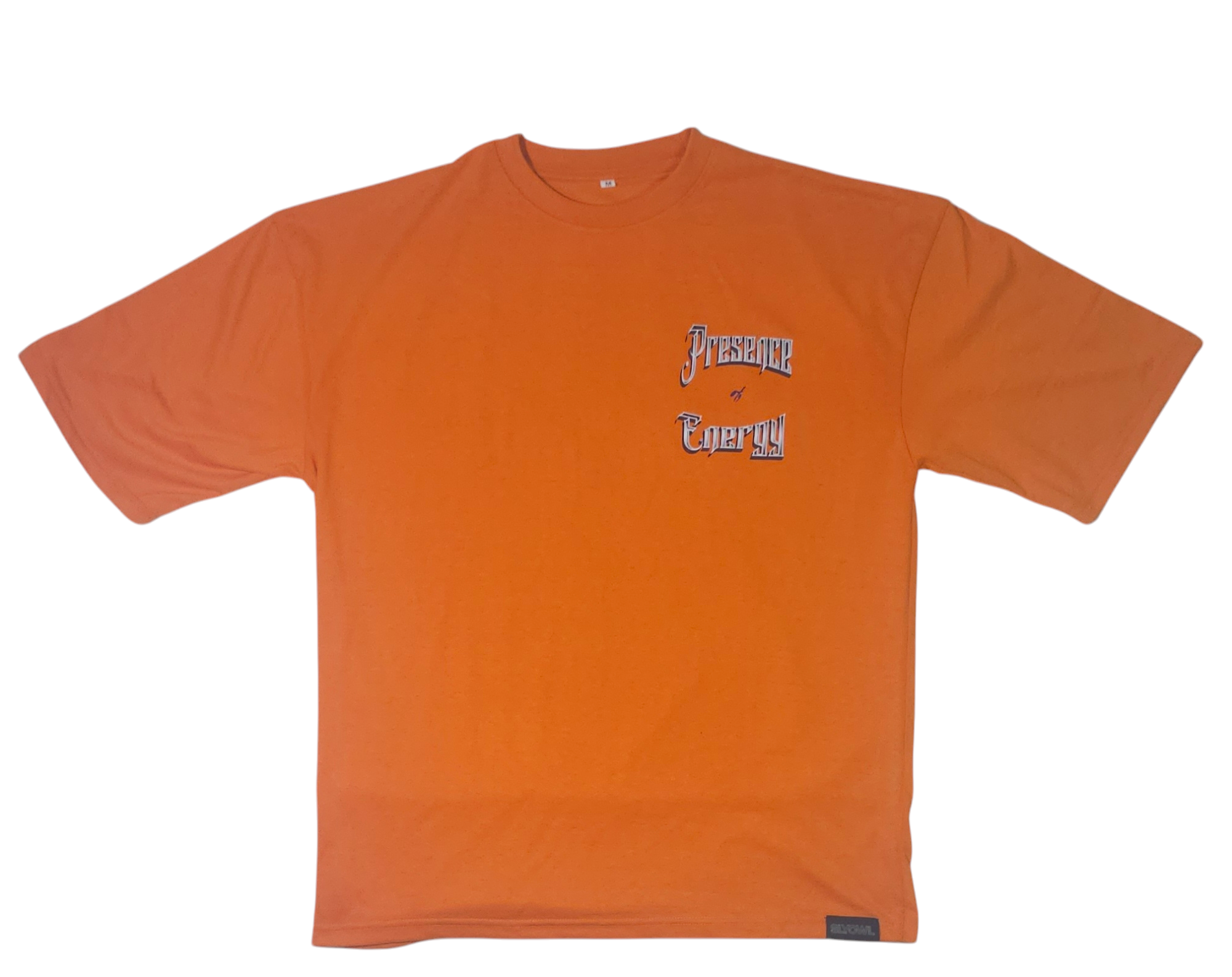 orange t-shirt with a graphic of the text 'presence & energy' on the upper left side.