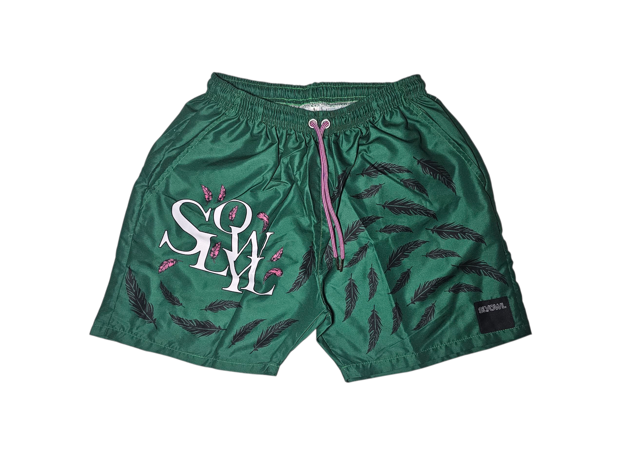 Green shorts with feather pattern and 'SLYOWL' text on a white background