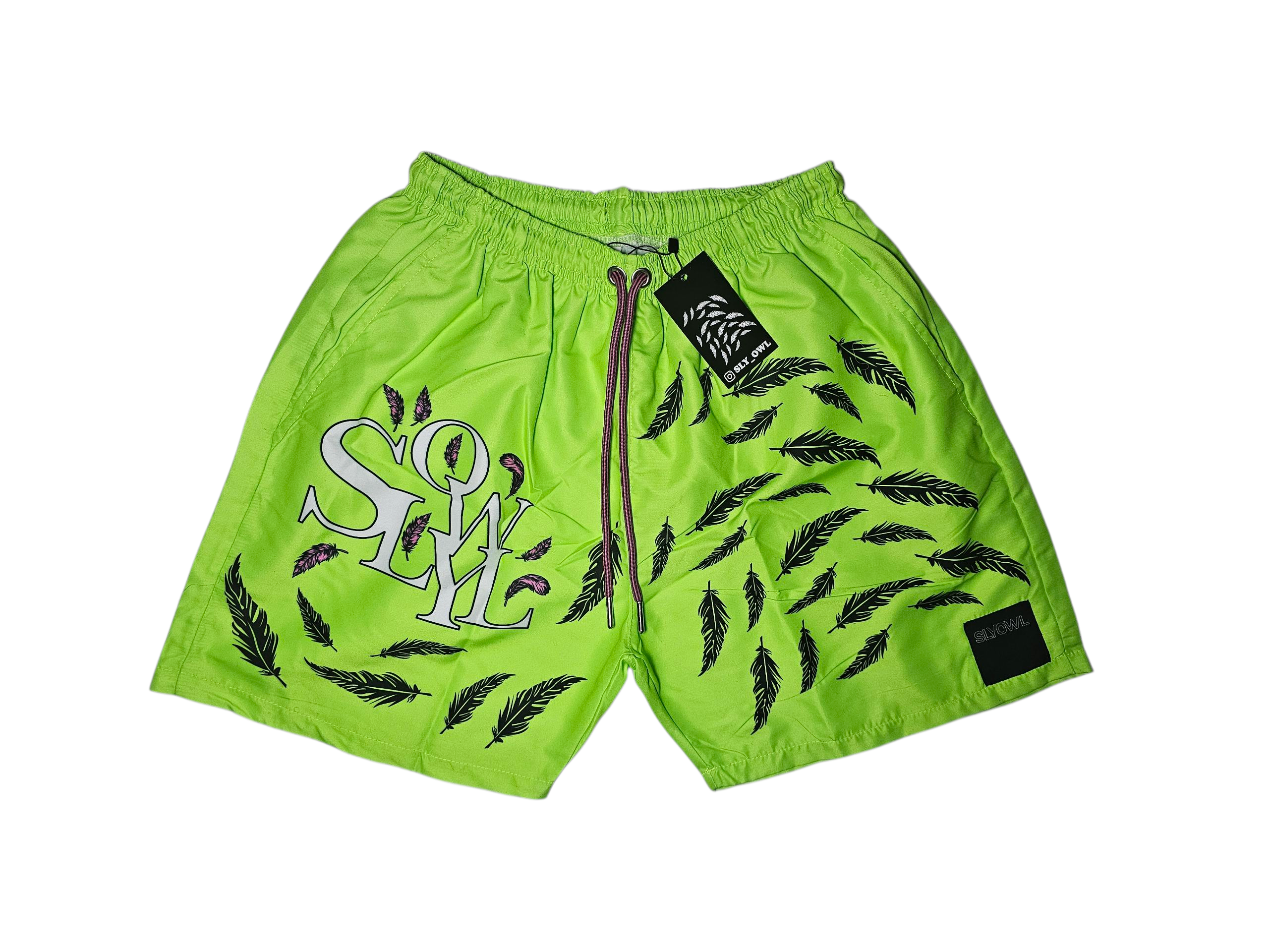 light green shorts with feather pattern and 'SLYOWL' text on a white background
