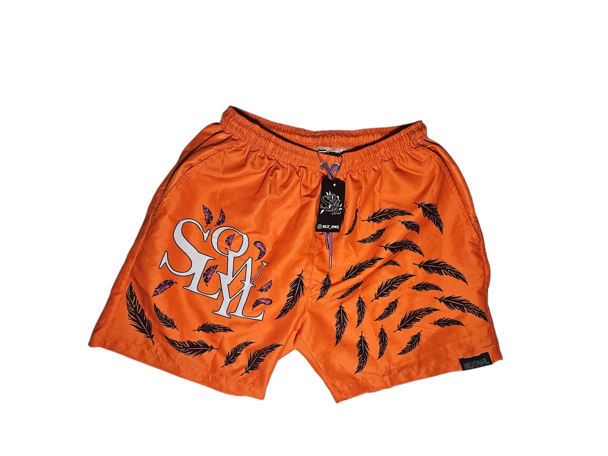orange shorts with feather pattern and 'SLYOWL' text on a white background