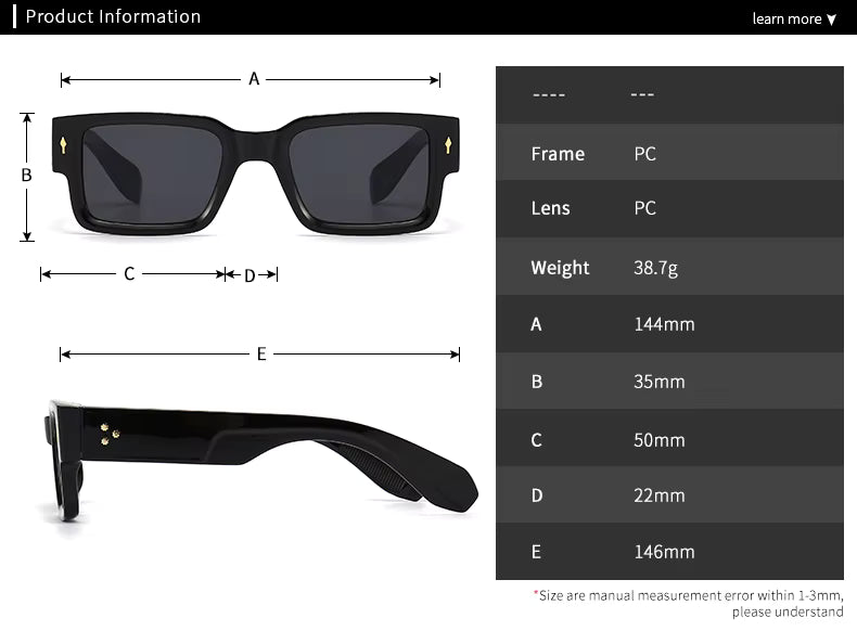 Black sunglasses with measurements and product details on a white background