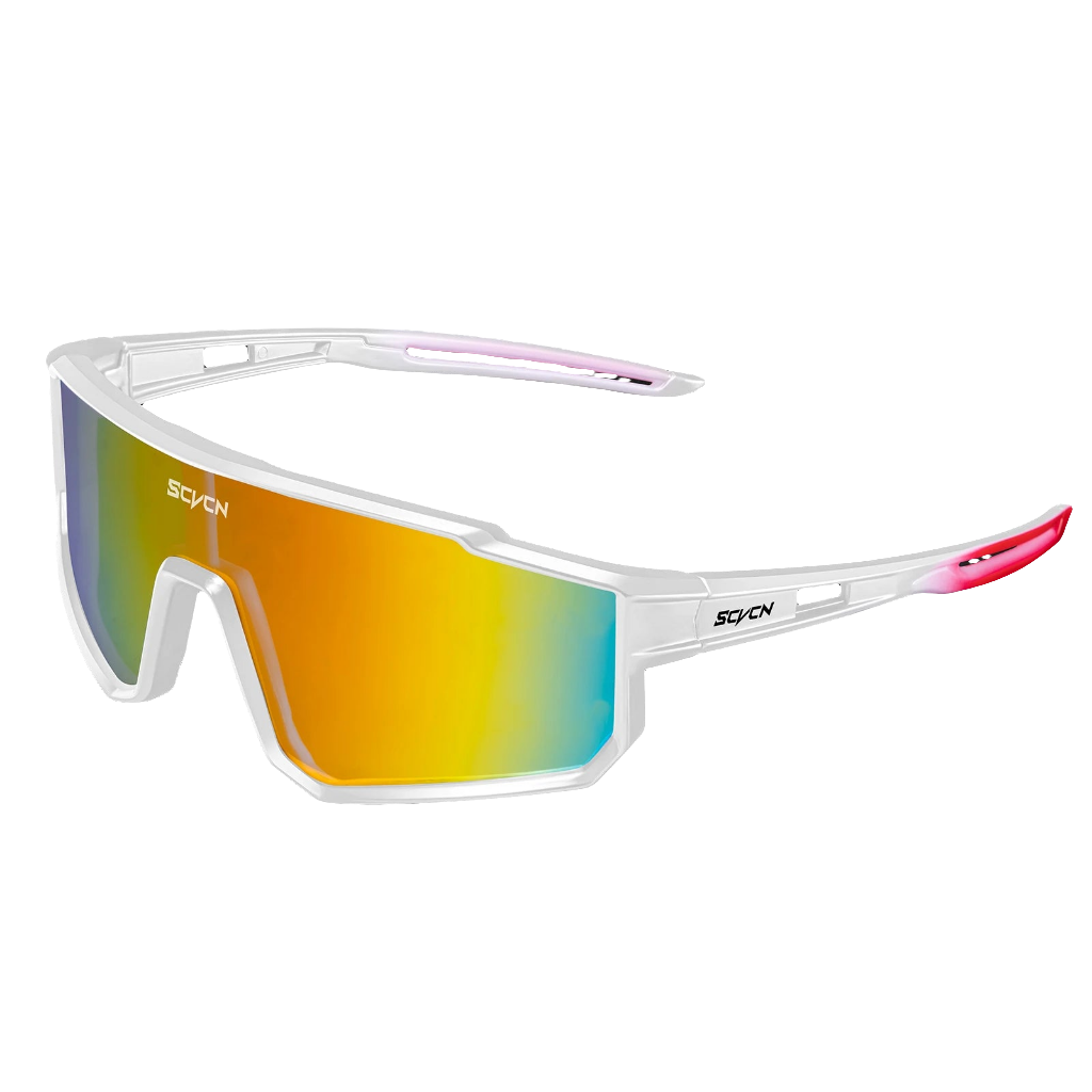 A pair of colorful athletic sunglasses with a full frame design and dark lenses.