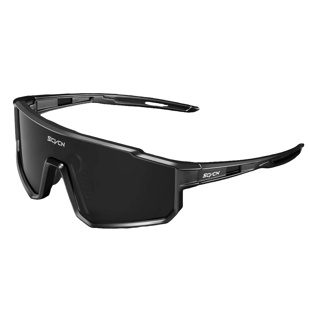 A pair of purple athletic sunglasses with a full frame design and dark lenses.