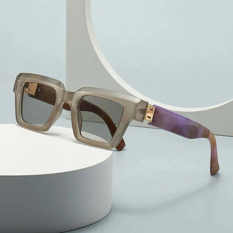beige and purple glasses with square frames and lightly tinted lenses