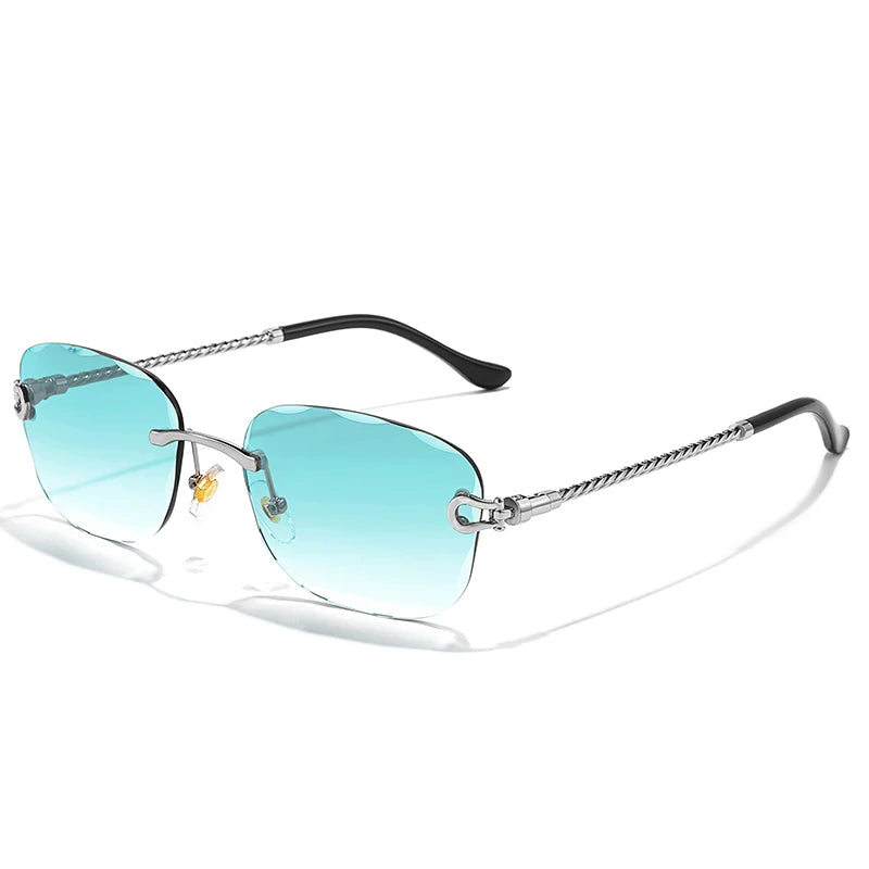 rimless sunglasses with teal lenses and silver trim arms