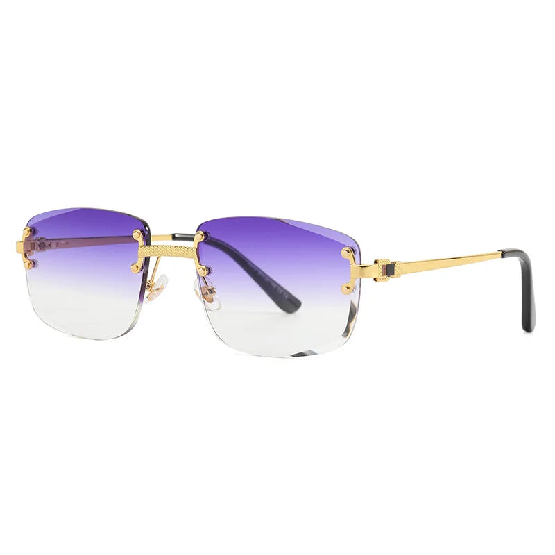 rimless sunglasses with purple lenses and gold trim arms