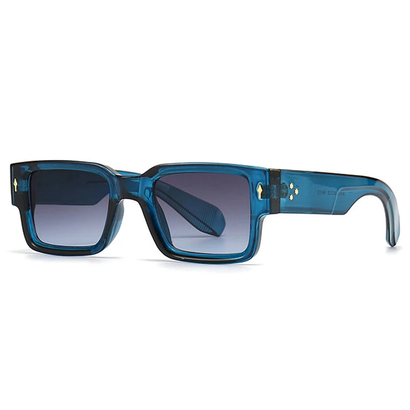 A pair of blue-framed 'The Division' eyeglasses with a joint arm for comfort.