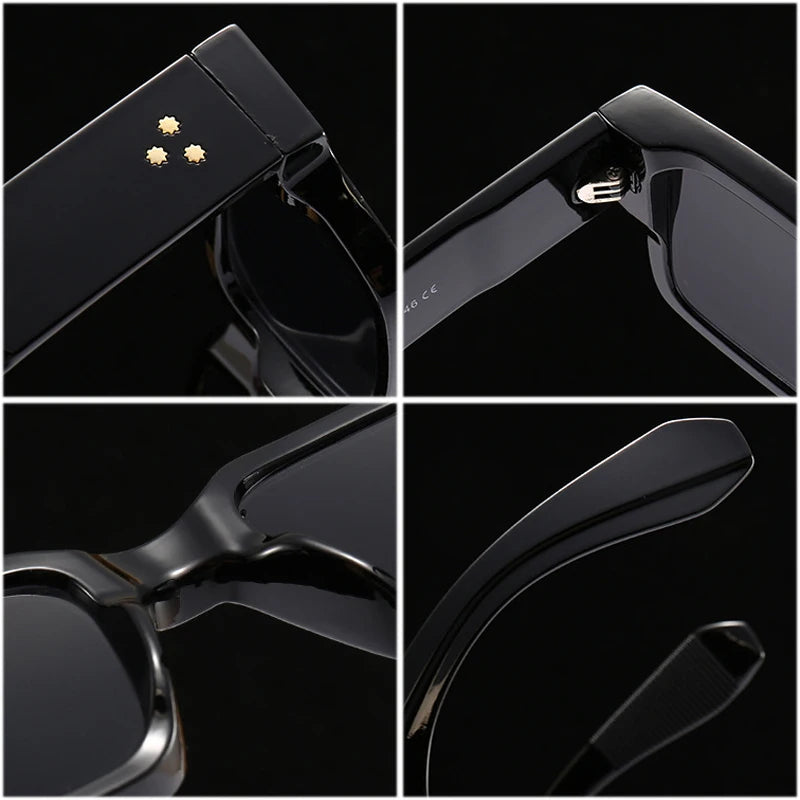 four pictures of the hinges and frames of black glasses named 'The Division'