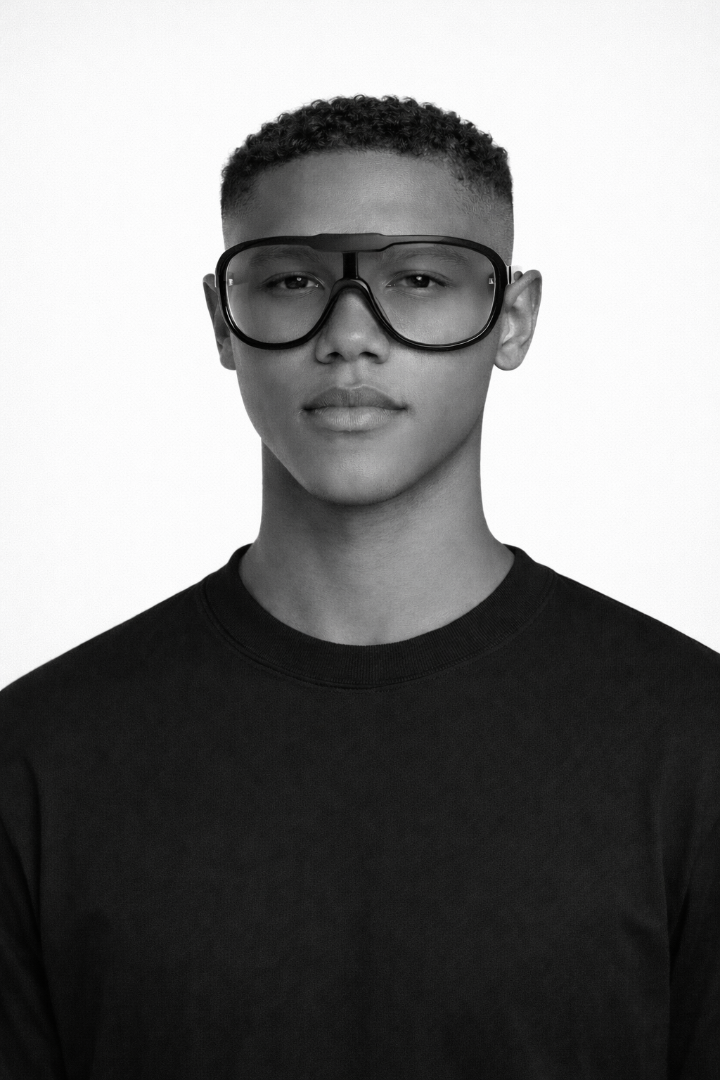 Black and white portrait of a person wearing large glasses.