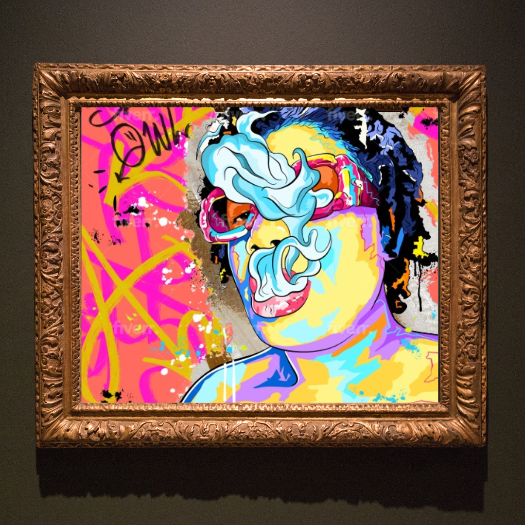 Colorful abstract painting in a gold frame on a dark wall